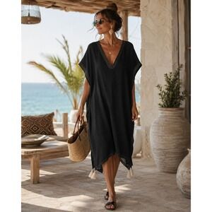 The Handloom Cotton Guaze Ela Resortwear Vacation Boho Beach Kaftan  Black